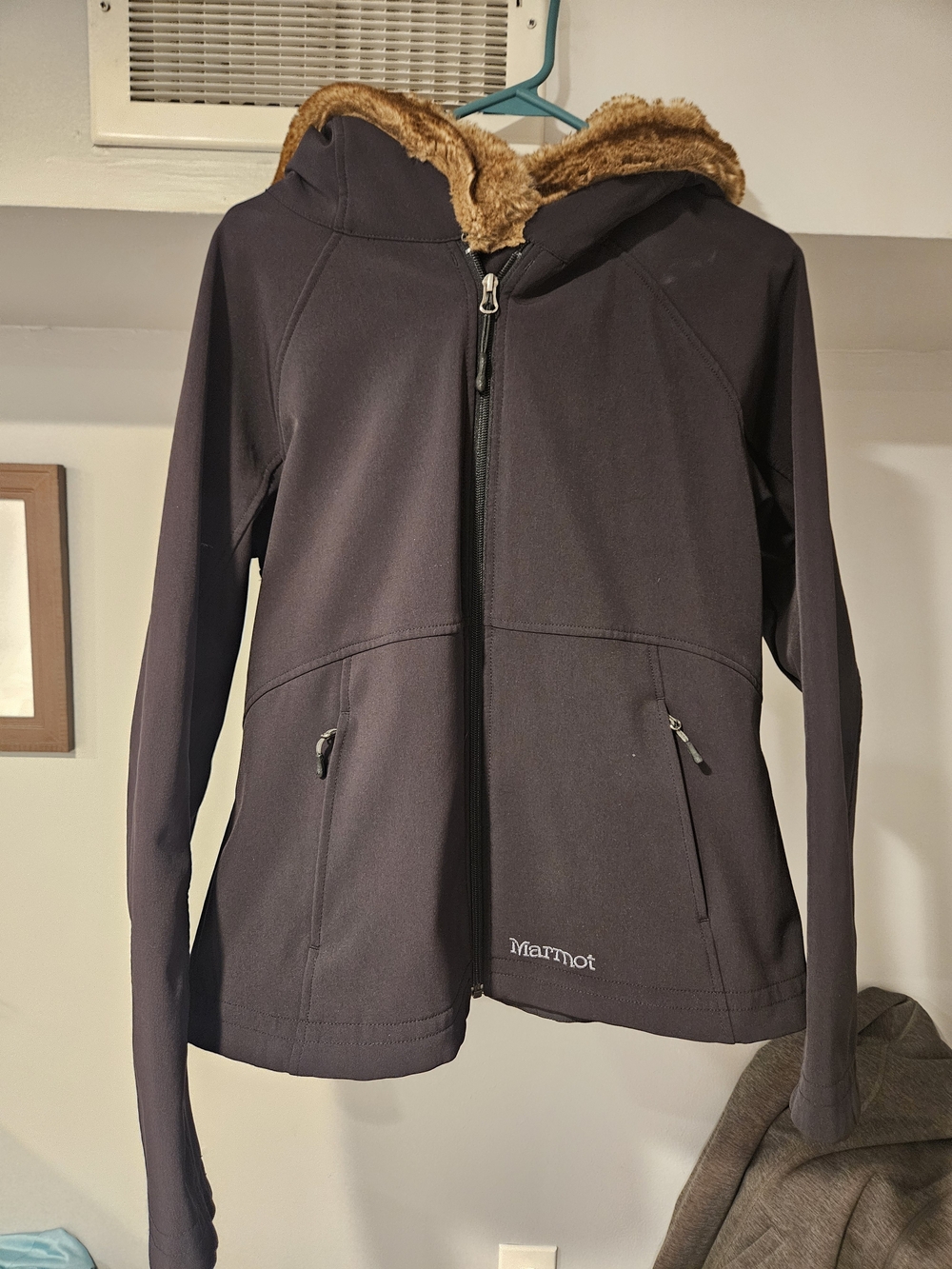 Marmot Women's Black Hooded Jacket with Faux-Fur Trim